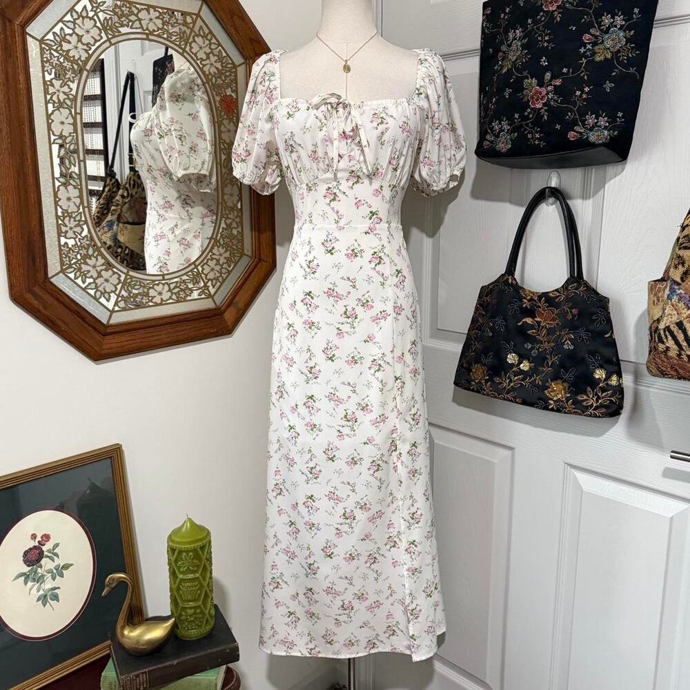 NooR White & Pink Floral Pattern Cottagecore Puff Sleeve Milkmaid Midi Dress